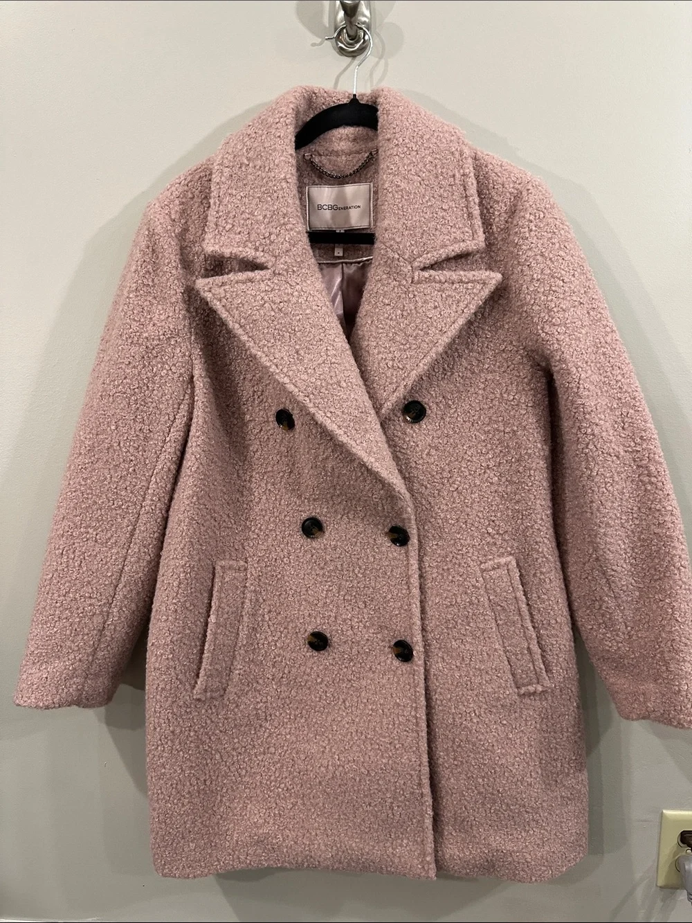 BCBGeneration Dusty Rose Teddy Double-Breasted Pea Coat, Size M